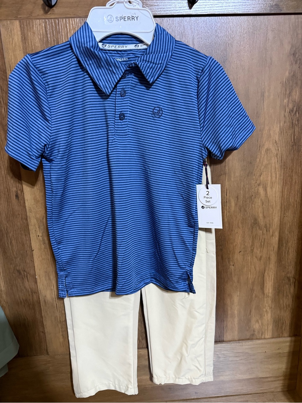 Sperry Blue Navy Striped Polo & Cream Pants Set